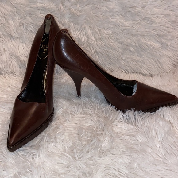 PRADA Milano Brown Leather Pointy Toe Pump Heels Shoes Size 38.5. - Picture 5 of 6